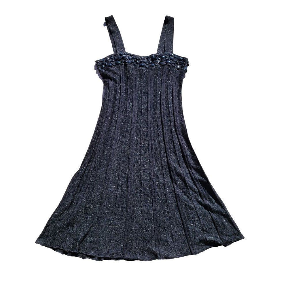 Vintage Jeweled Square Pleated Drop Waist‎ Mini Sweater Dress 8 Metallic Black